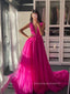 Unique Deep V-neck Straps A-line Long Evening Prom Dresses, V-back Floor-length Tulle Prom Dress, PM0609