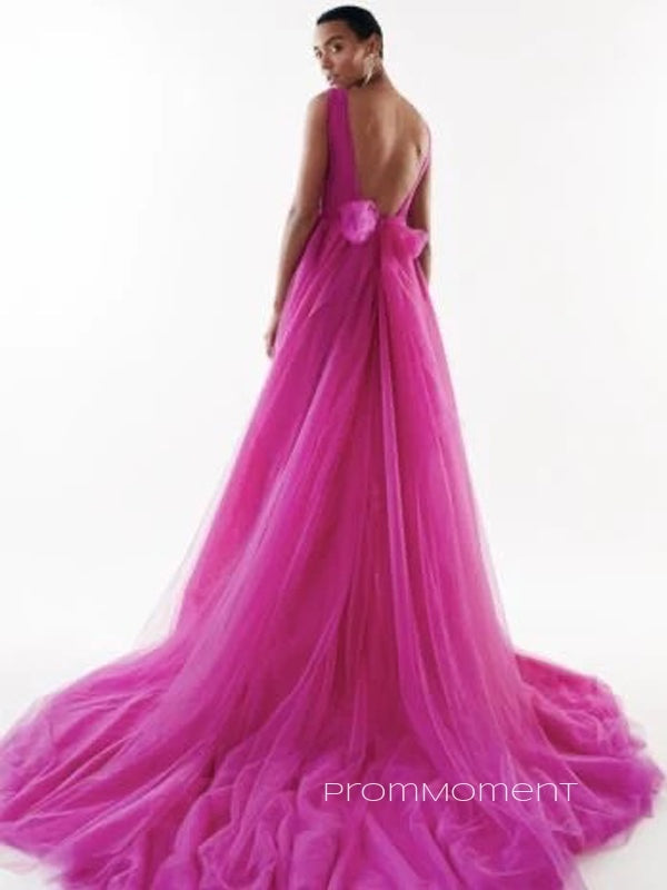 Unique Deep V-neck Straps A-line Long Evening Prom Dresses, V-back Floor-length Tulle Prom Dress, PM0609