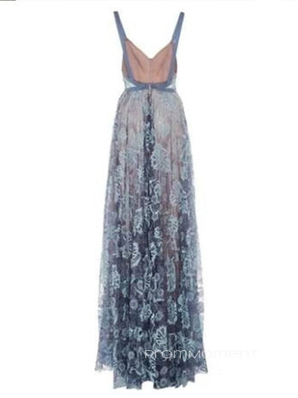 V-neck Backless Straps Lace Long Evening Prom Dresses, Sleeveless A-line Prom Dress, PM0613