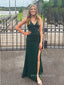 V-neck High Slit Mermaid Straps Long Evening Prom Dresses, Sleeveless Dark Green Prom Dress, PM0620