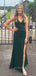 V-neck High Slit Mermaid Straps Long Evening Prom Dresses, Sleeveless Dark Green Prom Dress, PM0620