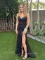 Black Sparkly V-neck Mermaid Spaghetti Straps Long Evening Prom Dresses, High Slit Prom Dress, PM0621