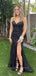Black Sparkly V-neck Mermaid Spaghetti Straps Long Evening Prom Dresses, High Slit Prom Dress, PM0621