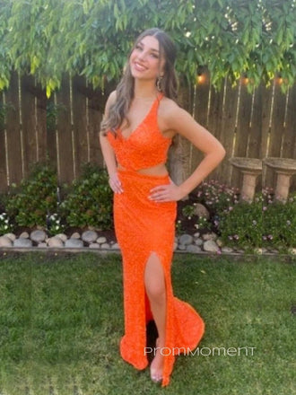 Unique V-neck Side Slit Backless Mermaid Long Evening Prom Dresses, Sequins Sleeveless Prom Dress, PM0622