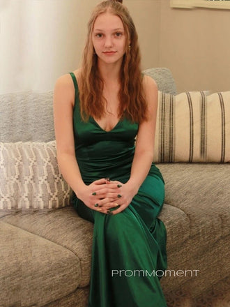 Deep V-neck Satin Mermaid Long Evening Prom Dresses, Straps V-back Sheath Prom Dress, PM0625