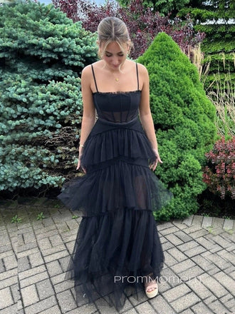 Black Tulle A-line Spaghetti Straps Long Evening Prom Dresses, Sleeveless Backless Prom Dress, PM0627