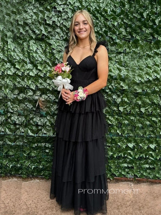 V-neck Straps A-line Long Evening Prom Dresses, Black Backless Prom Dress, PM0628