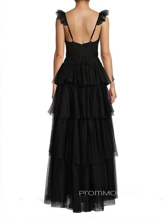 V-neck Straps A-line Long Evening Prom Dresses, Black Backless Prom Dress, PM0628