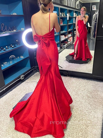 Beautiful Red Mermaid Side Slit Long Evening Prom Dresses, Spaghetti Straps Prom Dress, PM0632