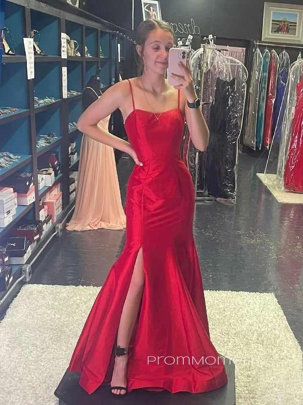 Beautiful Red Mermaid Side Slit Long Evening Prom Dresses, Spaghetti Straps Prom Dress, PM0632