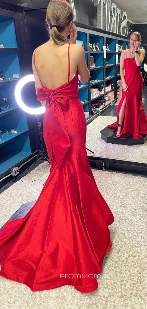 Beautiful Red Mermaid Side Slit Long Evening Prom Dresses, Spaghetti Straps Prom Dress, PM0632