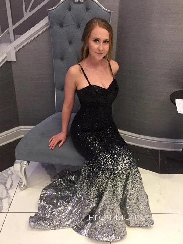 Sequins Spaghetti Straps Mermaid Long Evening Prom Dresses, V-neck Sparkly Floor-length Prom Dress, PM0633