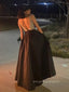 V-back Sparkly V-neck A-line Long Evening Prom Dresses, Straps Black Prom Dress, PM0634