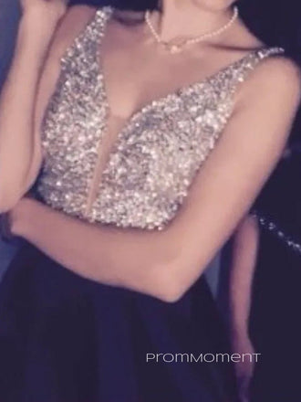 V-back Sparkly V-neck A-line Long Evening Prom Dresses, Straps Black Prom Dress, PM0634