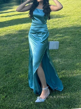 Backless Spaghetti Straps Satin Long Evening Prom Dresses, Side Slit Prom Dress, PM0635