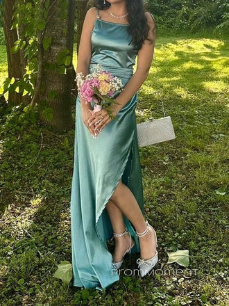 Backless Spaghetti Straps Satin Long Evening Prom Dresses, Side Slit Prom Dress, PM0635