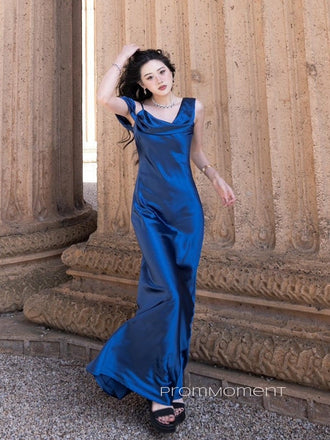 Spaghetti Straps Off Shoulder Long Evening Prom Dresses, Satin Royal Blue Prom Dress, PM0637
