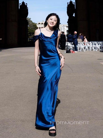 Spaghetti Straps Off Shoulder Long Evening Prom Dresses, Satin Royal Blue Prom Dress, PM0637