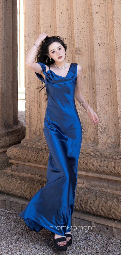 Spaghetti Straps Off Shoulder Long Evening Prom Dresses, Satin Royal Blue Prom Dress, PM0637
