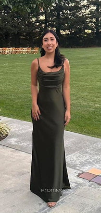 Simple Spaghetti Straps Satin Mermaid Long Evening Prom Dresses, Side Slit Prom Dress, PM0638