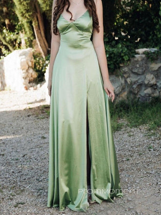 V-neck Spaghetti Straps A-line Backless Long Evening Prom Dresses, Satin Green Prom Dress, PM0640