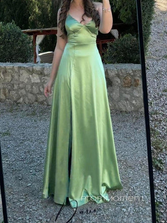 V-neck Spaghetti Straps A-line Backless Long Evening Prom Dresses, Satin Green Prom Dress, PM0640