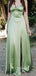 V-neck Spaghetti Straps A-line Backless Long Evening Prom Dresses, Satin Green Prom Dress, PM0640
