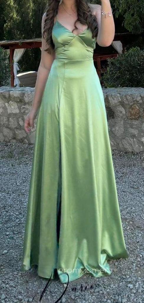 V-neck Spaghetti Straps A-line Backless Long Evening Prom Dresses, Satin Green Prom Dress, PM0640