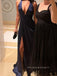 Sexy Deep V-neck Straps Backless Long Evening Prom Dresses, Side Slit A-line Satin Prom Dress, PM0641