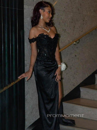 Off Shoukder V-neck Side Slit Long Evening Prom Dresses, Black Sparkly Strapless Prom Dress, PM0642
