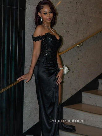 Off Shoukder V-neck Side Slit Long Evening Prom Dresses, Black Sparkly Strapless Prom Dress, PM0642