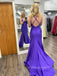 Deep V-neck Side Slit Sheath Backless Mermaid Long Evening Prom Dresses, Spaghetti Straps Floor-length Purple Prom Dress, PM0643