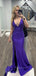 Deep V-neck Side Slit Sheath Backless Mermaid Long Evening Prom Dresses, Spaghetti Straps Floor-length Purple Prom Dress, PM0643