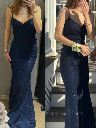 Sparkly V-neck Spaghetti Straps Long Evening Prom Dresses, Mermaid Sleeveless Prom Dress, PM0644