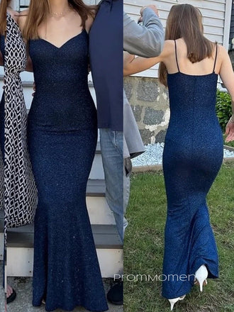 Sparkly V-neck Spaghetti Straps Long Evening Prom Dresses, Mermaid Sleeveless Prom Dress, PM0644
