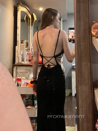 Deep V-neck Sparkly Mermaid Backless Long Evening Prom Dresses, Side Slit Straps Prom Dress, PM0645
