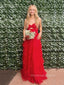 A-line Spaghetti Straps V-neck Red Long Evening Prom Dresses, Backless Prom Dress, PM0647