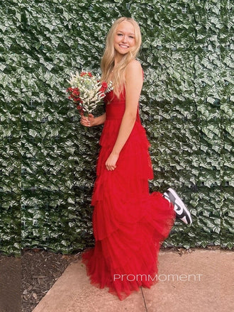 A-line Spaghetti Straps V-neck Red Long Evening Prom Dresses, Backless Prom Dress, PM0647