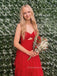 A-line Spaghetti Straps V-neck Red Long Evening Prom Dresses, Backless Prom Dress, PM0647