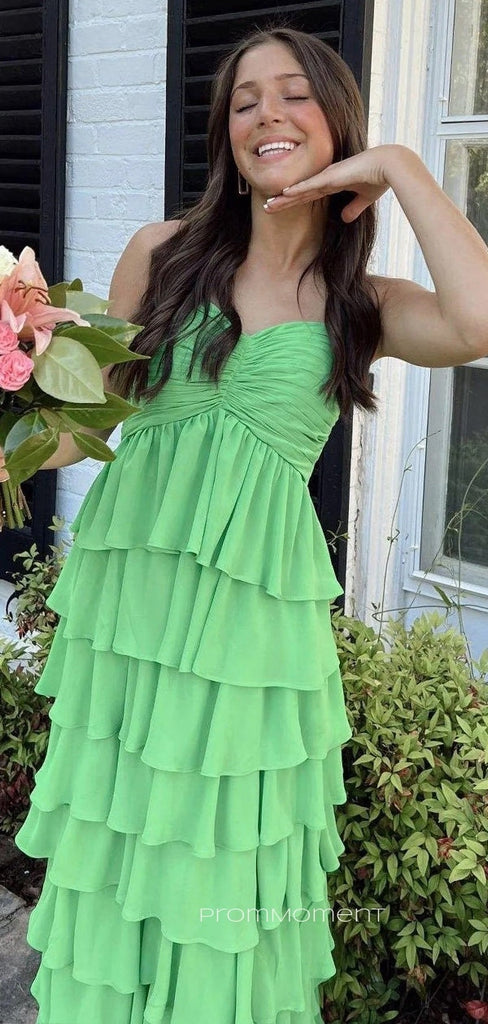 Spaghetti Straps A-line Sleeveless Long Evening Prom Dresses, Green Chiffon Prom Dress, PM0648