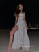Sparkly Off Shoulder High Slit A-line Long Evening Prom Dresses, White Wedding Dress, PM0650