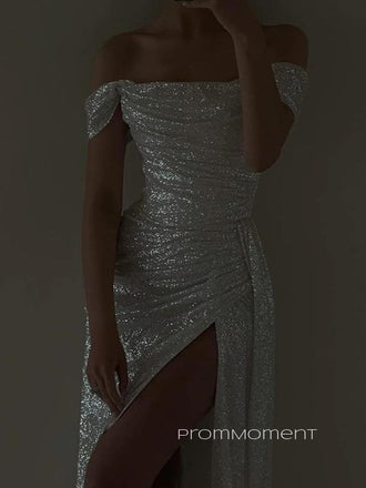 Sparkly Off Shoulder High Slit A-line Long Evening Prom Dresses, White Wedding Dress, PM0650