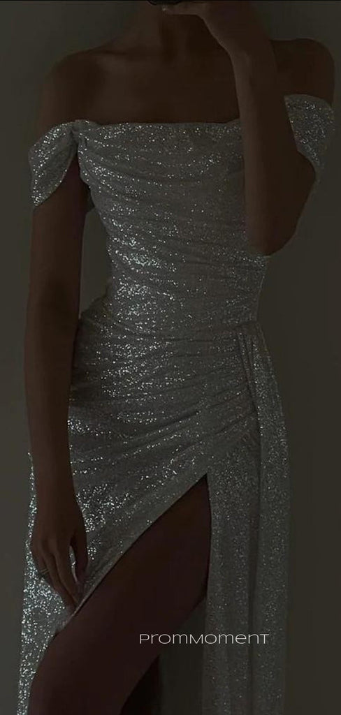 Sparkly Off Shoulder High Slit A-line Long Evening Prom Dresses, White Wedding Dress, PM0650
