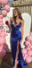 Elegant Deep V-neck Spaghetti Straps Long Evening Prom Dresses, High Slit Mermaid Backless Sheath Prom Dress, PM0656