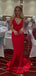 Sexy Backless Mermaid Red Deep V-neck Long Evening Prom Dresses, Spaghetti Straps Sheath Prom Dress, PM0658