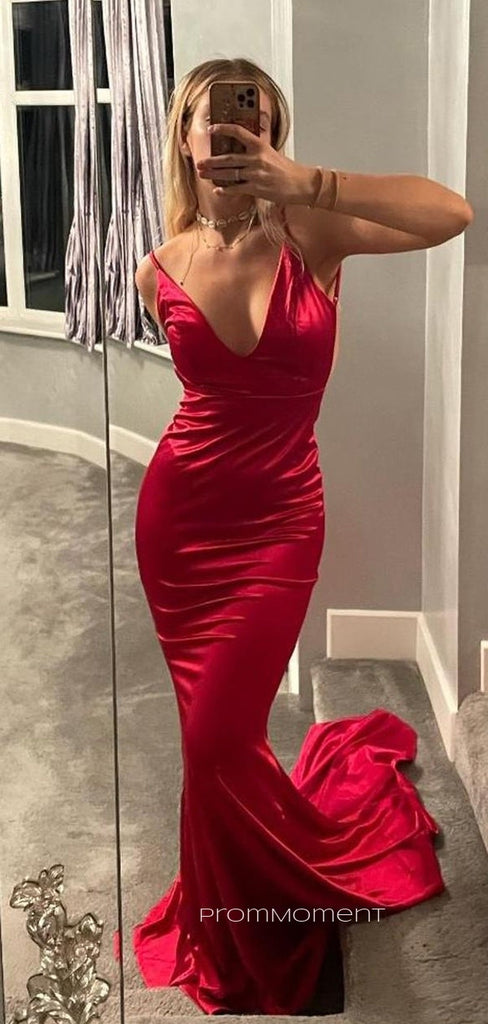 Sexy Backless Mermaid Red Deep V-neck Long Evening Prom Dresses, Spaghetti Straps Sheath Prom Dress, PM0658