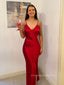 Spaghetti Straps V-neck mermaid Long Evening Prom Dresses,  Red Satin Side Slit Prom Dress, PM0659