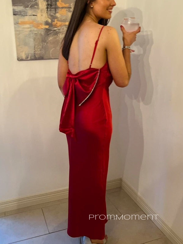 Spaghetti Straps V-neck mermaid Long Evening Prom Dresses,  Red Satin Side Slit Prom Dress, PM0659
