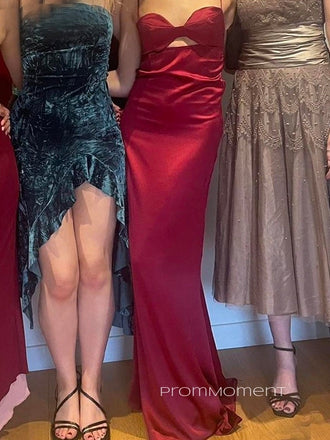 Spaghetti Straps Mermaid Sweetheart Long Evening Prom Dresses,  Burgundy Satin Sleeveless Prom Dress, PM0660