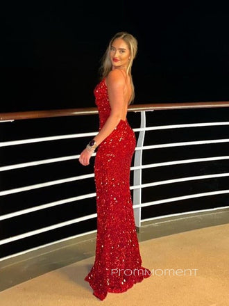 V-neck Spaghetti Straps Sequins Sheath Long Evening Prom Dresses, Sparkly Sleeveless Mermaid Prom Dress, PM0661